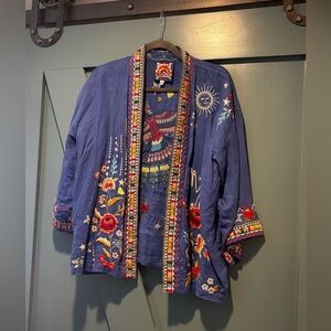 Johnny Was Blue Embroidered Floral Patch Jacket